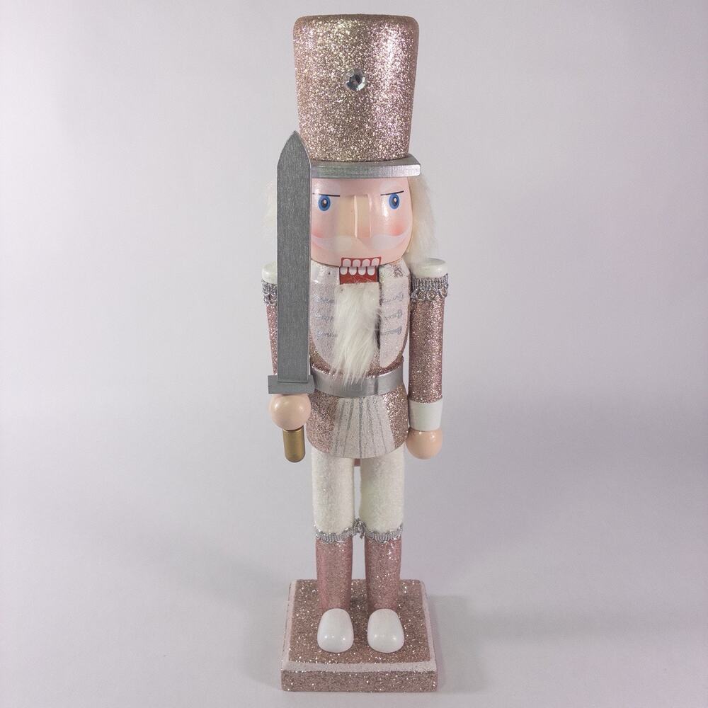 Wooden Nutcracker Pink Champagne Glitter 14" Christmas Holiday Decor